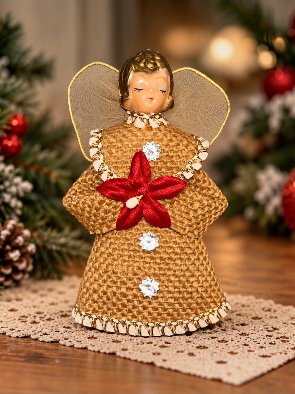 Vintage Japan Praying Angel Christmas Ornament Tree Topper Rubber Head 5”